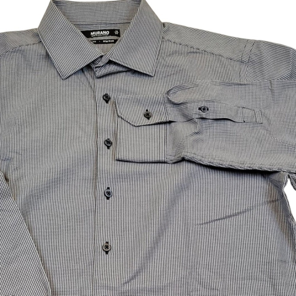 Murano Mens L/S Button Up Shirt 16/34 Non Iron Black White Houndstooth Slim‎ Fit